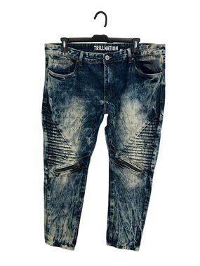 Trillnation Mens Acid Wash Denim Jeans With Zipper Accents Size 42 Blue